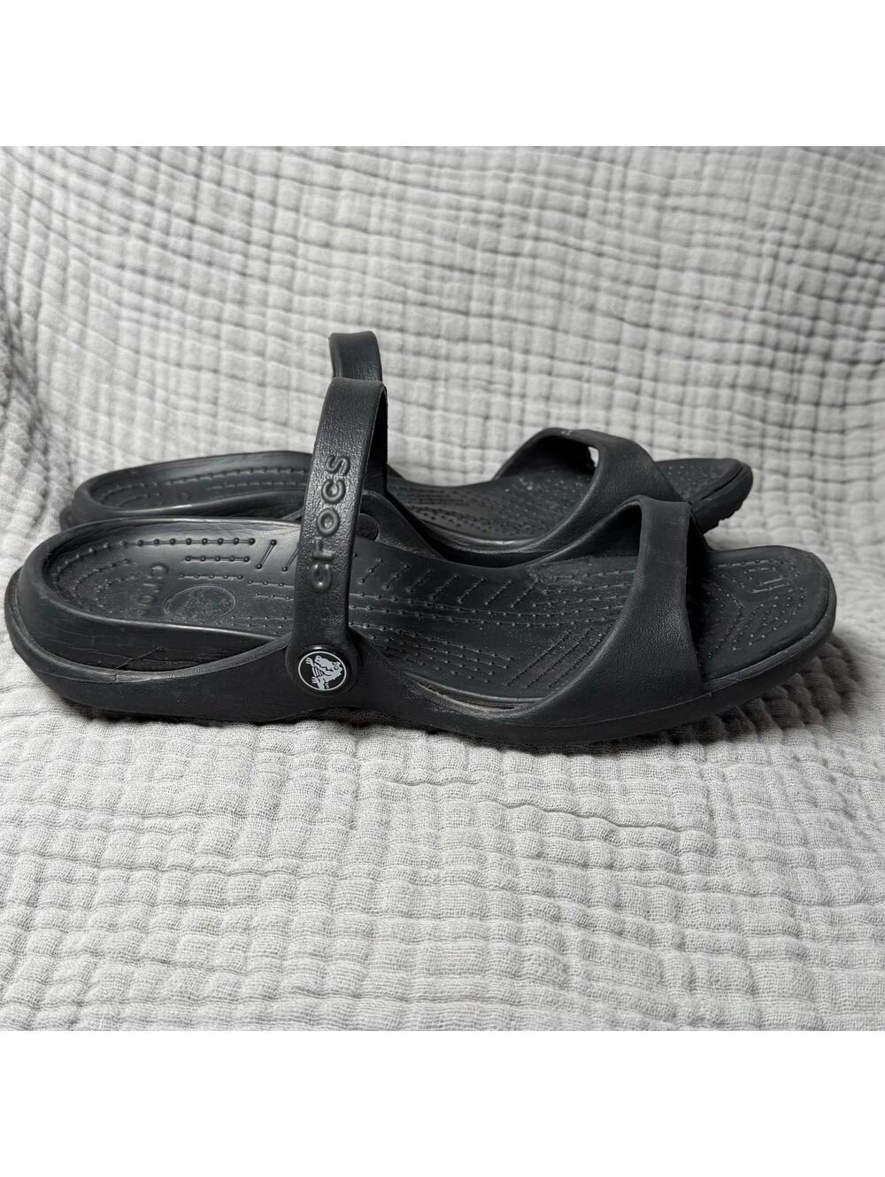 Crocs Patricia Womens Black Wedge Sandal Strappy Slip On Slides Sz 8 - Picture 3 of 9